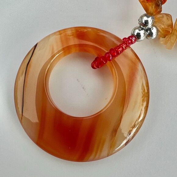 Carnelian & Agate Gemstone Chip Necklace with Banded Agate Donut Pendant - Picture 5 of 8